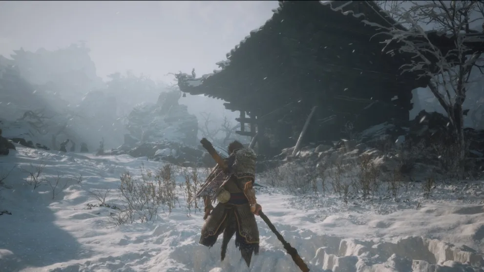 Black Myth Wukong snow area with wukong standing
