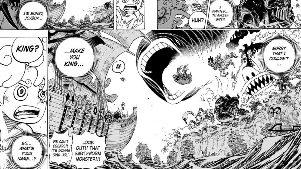 One Piece 1122 Panels Showing Ancient Robot Fending Off Five Elders and Navy Forces